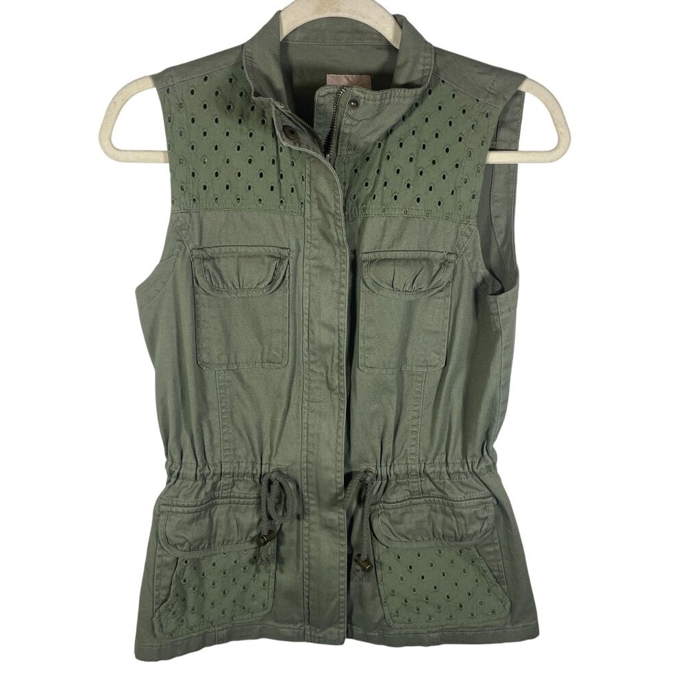 Candie's Safari Utility Vest Women M Green Lightweight Drawstring Eyelet Cargo